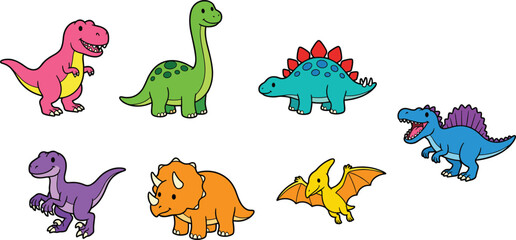 Cartoon dinosaur vector set, T-Rex, Brachiosaurus, Stegosaurus, Velociraptor, Triceratops, Pteranodon, Spinosaurus, colorful prehistoric animals for kids © LITON