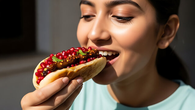 Extreme close-up of a woman eating a natural fruit leather wrap stuffed with fresh pomegranate arils. Healthy artisanal snack featuring rich chewy textures and vibrant red colors. Organic vegan desser