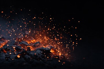 Glowing embers and sparkling ash in dark atmosphere