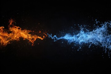 Dynamic clash of fire and water elements on a dramatic black background