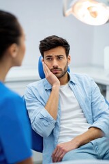 Naklejka premium Young caucasian male experiencing dental discomfort during dentist appointment