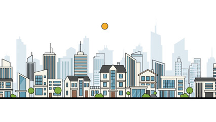 Fototapeta premium Linear cityscape illustration showing various modern buildings and houses under a sun to represent a developed urban environment.