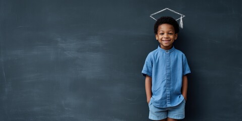 Smiling african child with graduation cap drawing on blackboard