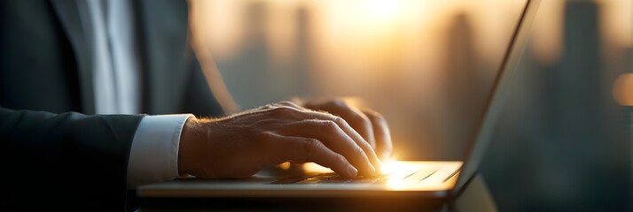 Man using laptop and smartphone for online business consulting in office with skyscrapers background, innovative professional working and brainstorming, reading news on tablet, selective focus