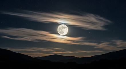 Full moon illuminating cloudy night sky over mountain landscape  