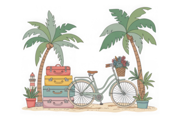 Tropical beach scene with bicycle and gifts isolated on a transparent background