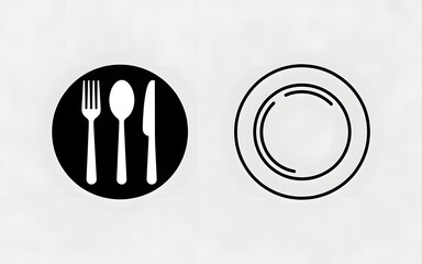 Simple black and white plate icons with utensils for restaurant or food service branding