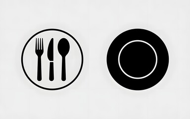 Simple black icons of plate with cutlery and blank plate
