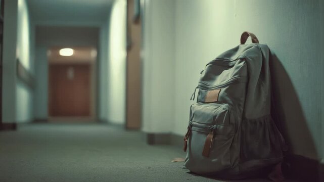 A lone backpack leaning against a wall in a dimly lit hallway, evoking a sense of mystery or anticipation. The scene has a minimalist aesthetic, suggesting a story in its setting.