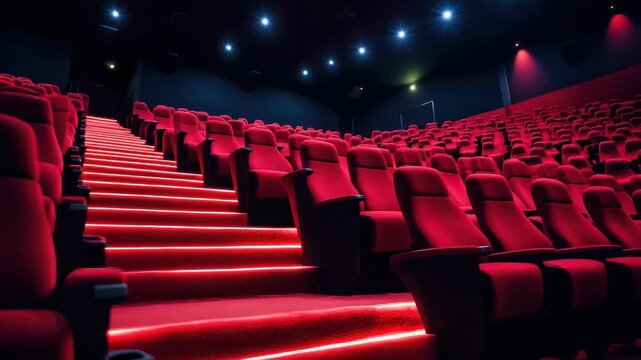 Empty cinematic theater with vibrant red seating and illuminated aisles at night