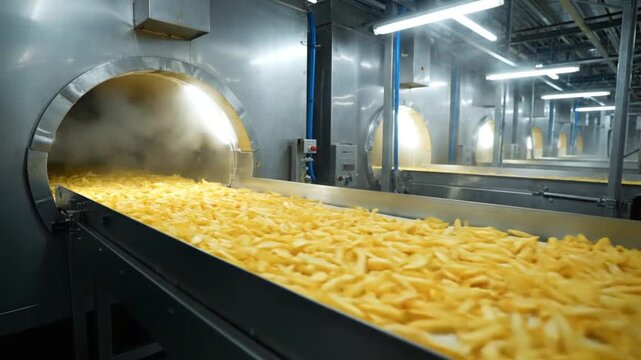 French fries on industrial conveyor belt in factory