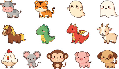 Fototapeta premium Cute farm wild and fantasy animal sticker set in kawaii flat vector illustration style