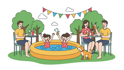 Fototapeta premium Happy family and friends enjoying a backyard pool party with kids swimming and adults drinking beverages under a sunny sky.