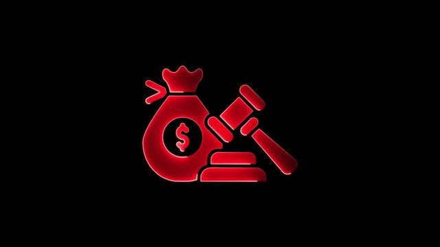 Red neon law auction hammer and money bag symbolizing legal finance and judicial decisions in a dark background