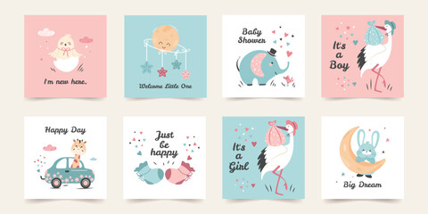 Fototapeta premium A large set of templates for birthday invitations and postcards. Newborn baby, baby shower. Children's party. Cute vector design