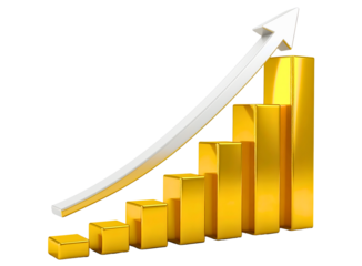 Golden bar graph with upward arrow illustrating business growth and financial success in a competitive market isolated on transparent background