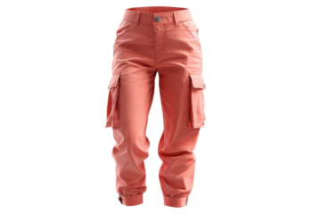 Coral pink cargo pants with multiple pockets on black background peach