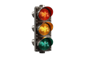 Traffic light with red yellow and green lights illuminated on black background signal