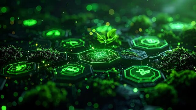 Futuristic Green Tech Ecosystem with Glowing Hexagons and Lush Vegetation