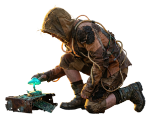 Post-apocalyptic scavenger examining glowing mushroom. Sci-fi survivor character.