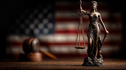 Statue of justice with scales and sword standing on a table with a gavel and american flag in the background representing civil rights litigation and constitutional law