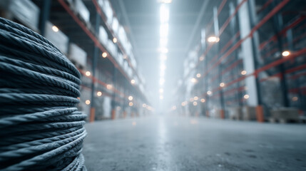 Warehouse corridor with a blurred cable coil in foreground showing storage area along the sides