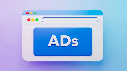 Digital Advertising Concept with Ads Button on Web Browser Interface Gradient Background