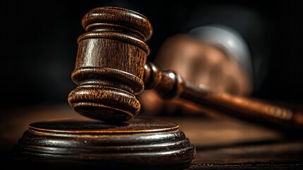 Close up of wooden gavel on sound block with blurred background, symbolizing law and justice in a courtroom setting with dramatic lighting
