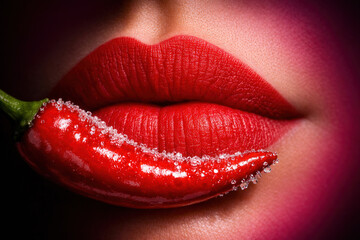 Obraz premium Extreme Close Up Of Red Lips Holding Sugar Dusted Red Chili Pepper