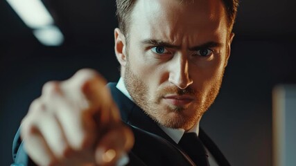 A serious man in a suit points directly at the camera with a confident and intense expression