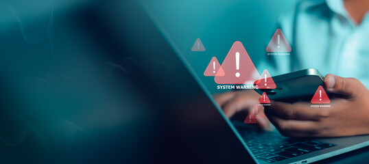 Man hands holding smartphone with virtual system warning icons. Concept of cyber security alert, malware attack, phishing scam, error notification, and digital risk on mobile device.