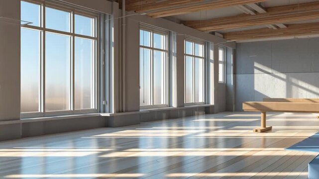 A bright modern gym hall with wooden floors and large windows filled with natural light
