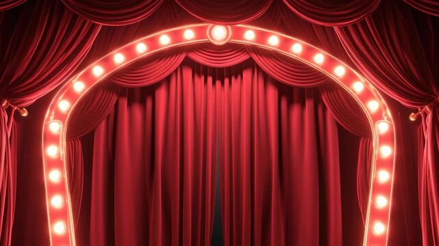 An empty theater stage framed by red curtains and glowing marquee lights