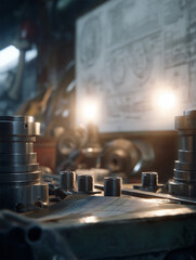 Diesel engine components arranged on workstations with blurred details and tools in the background during an industrial setting