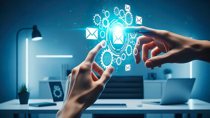 Business professional touching digital cloud technology with futuristic data icons in modern office