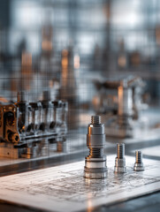 Diesel engine components arranged on workstations with blurred bolts in foreground and machine parts in background