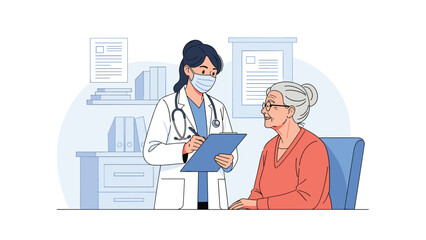 Professional female doctor in protective mask consulting with senior woman in medical office for health checkup.