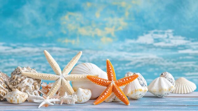 A collection of seashells and starfish arranged on a wooden surface with a blue ocean background