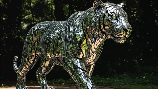 Stunning mosaic tiger sculpture in forest setting with reflective surface