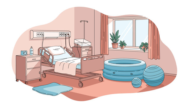 Modern hospital maternity room designed for natural water birth with tub and yoga balls in professional facility.