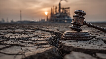 Gavel on cracked earth with industrial background at sunset, symbolizing climate change litigation and environmental justice