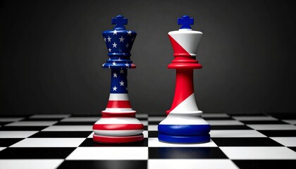 USA&ndash;Russia chess kings on board symbolizing strategic geopolitical rivalry and international tension.