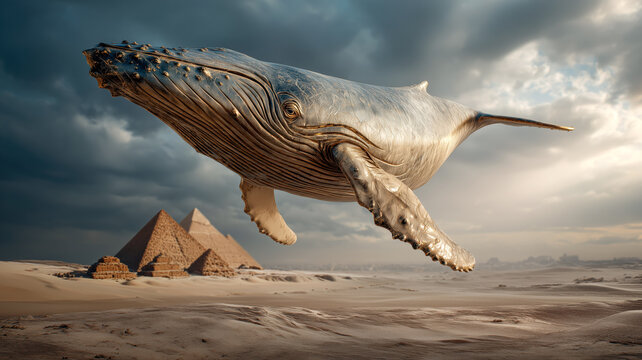 A colossal whale soars above the sandy expanse, dwarfing the ancient pyramids, a surreal meeting of ocean and desert wonders.
