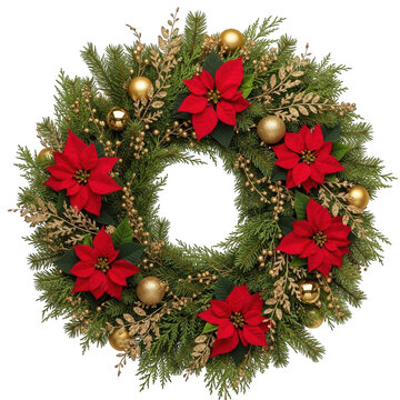 Christmas wreath with red poinsettias and gold ornaments isolated on transparent background