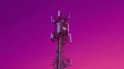 Telecommunication tower rises against vivid purple-pink gradient sky at dynamic angle. Structure adorned with dishes and antennas symbolizes connectivity. Neural network AI generated