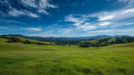 Obraz premium Vast landscape of green hills under bright blue sky, with distant mountains. Clouds dot sky, casting soft shadows on hills, creating serene scene. Neural network AI generated
