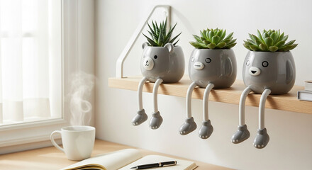 Three adorable bearshaped planters with succulents sit on a shelf above a desk with a notebook and a cup of coffee