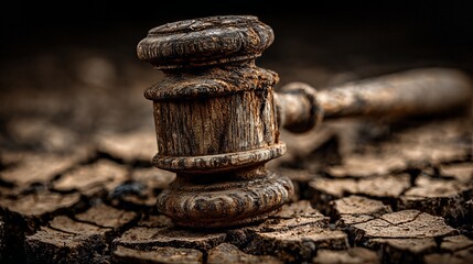 Weathered wooden gavel on cracked dry earth symbolizing climate litigation and legal actions for environmental protection and sustainability