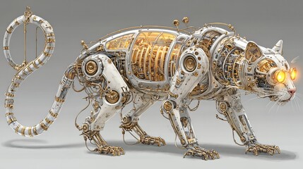 Steampunk mechanical cat hybrid with glowing eyes and intricate clockwork mechanisms on a gray background