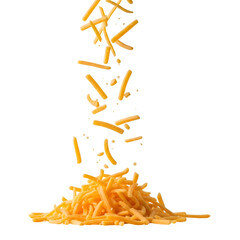 Shredded cheddar cheese falling into a pile isolated on a white background.